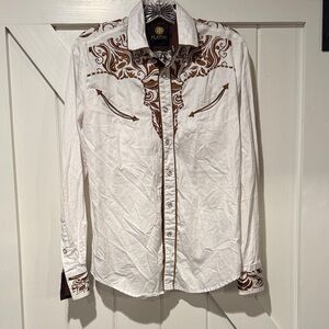 Platinum Men's White and Brown Casual Button Down Shirt